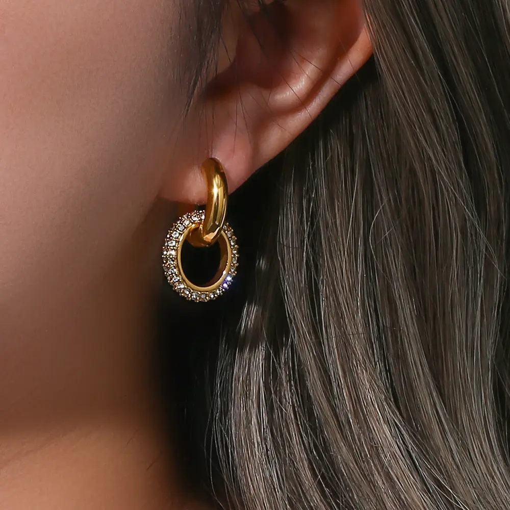 Circle Rhinestone Drop Hoop Earrings on Model