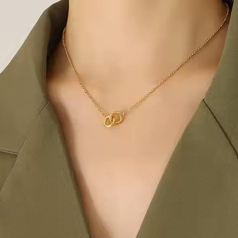 Interlocking Circle Necklace on model