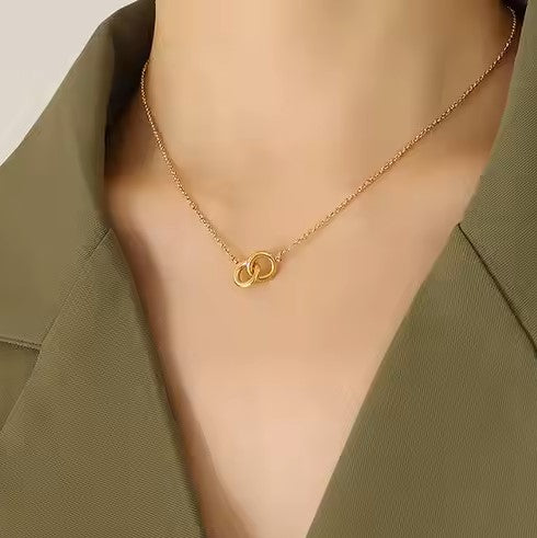 Interlocking Circle Necklace on model
