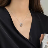 Oval Pendant Necklace Silver on Model